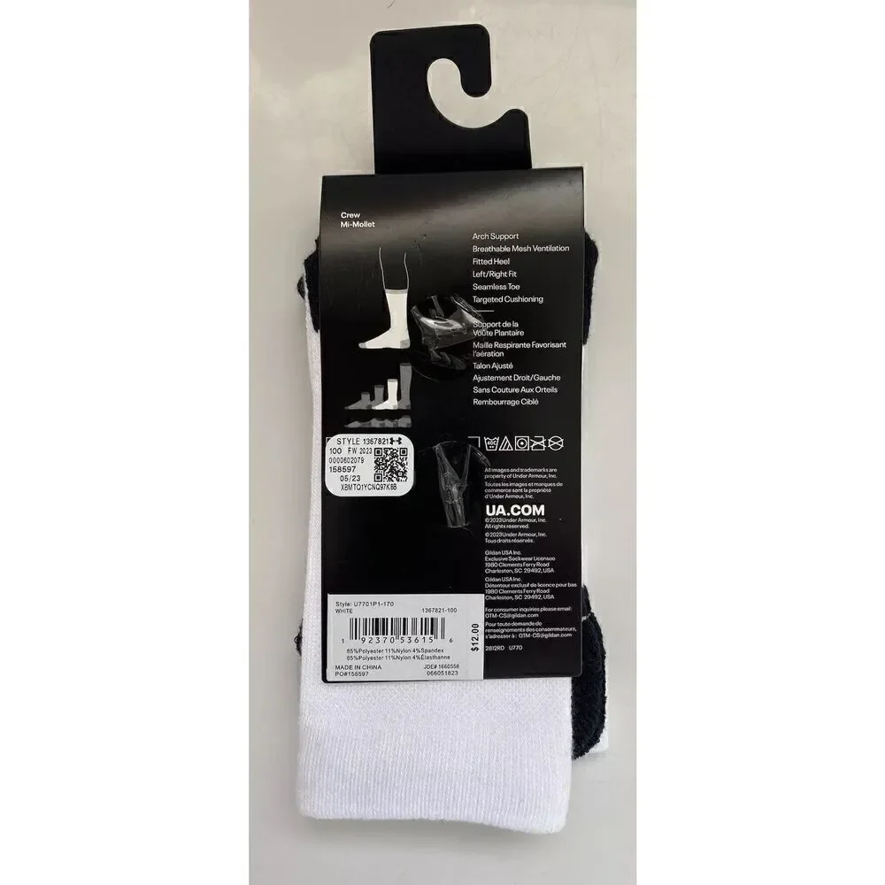 Under Armour UA Team Cushioned Crew Socks Youth Size 13.5K-4.5 White - New